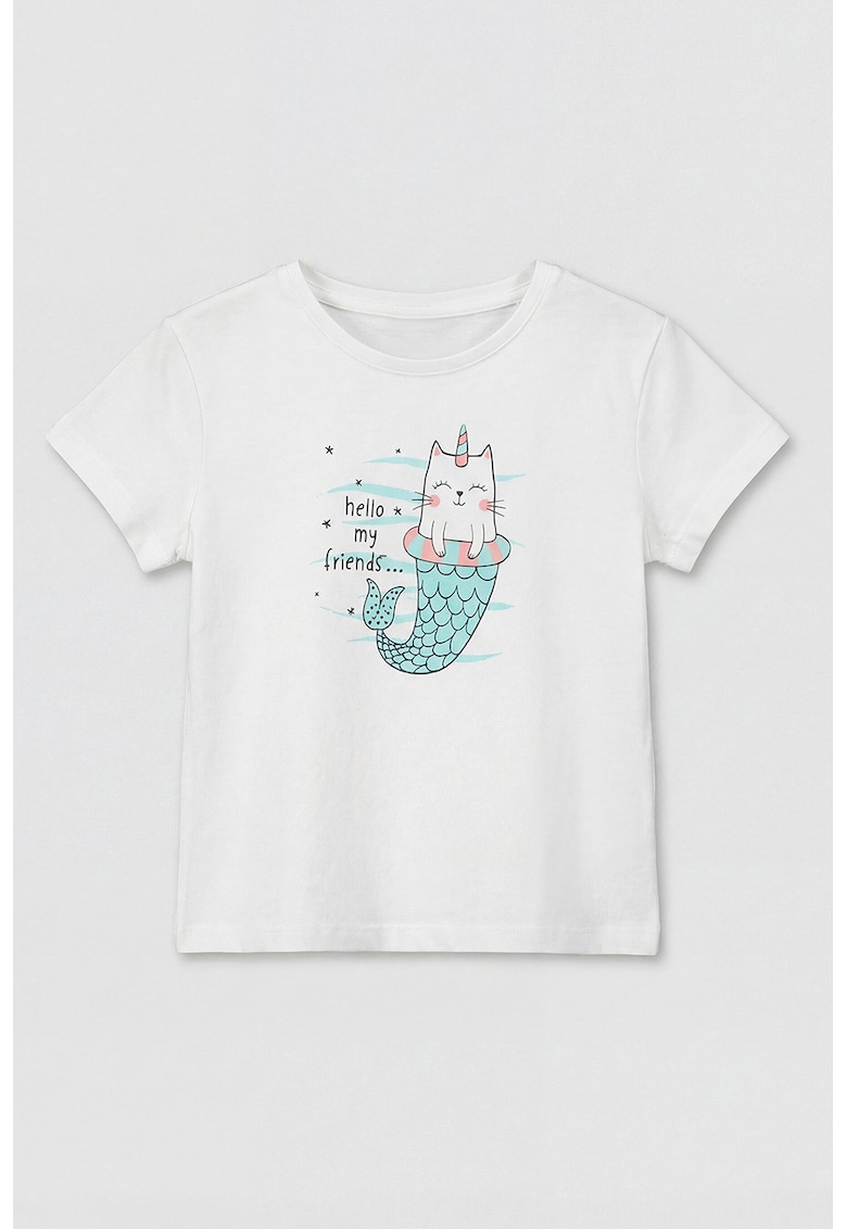 Tricou de bumbac cu decolteu la baza gatului - Alb/Turcoaz/Roz pastel