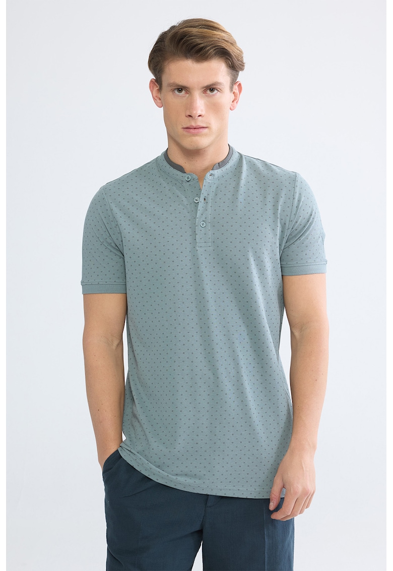 Tricou de bumbac cu fenta cu nasturi - Albastru prafuit