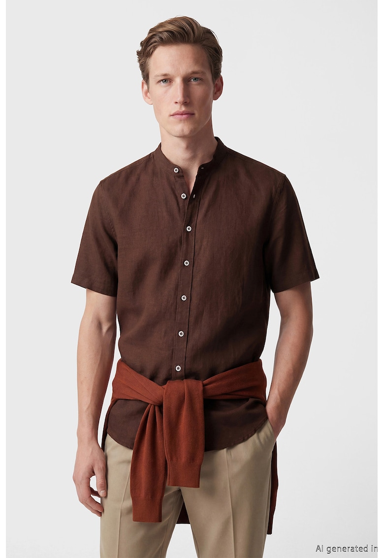 Camasa din amestec de in cu guler Mao - Maro cognac
