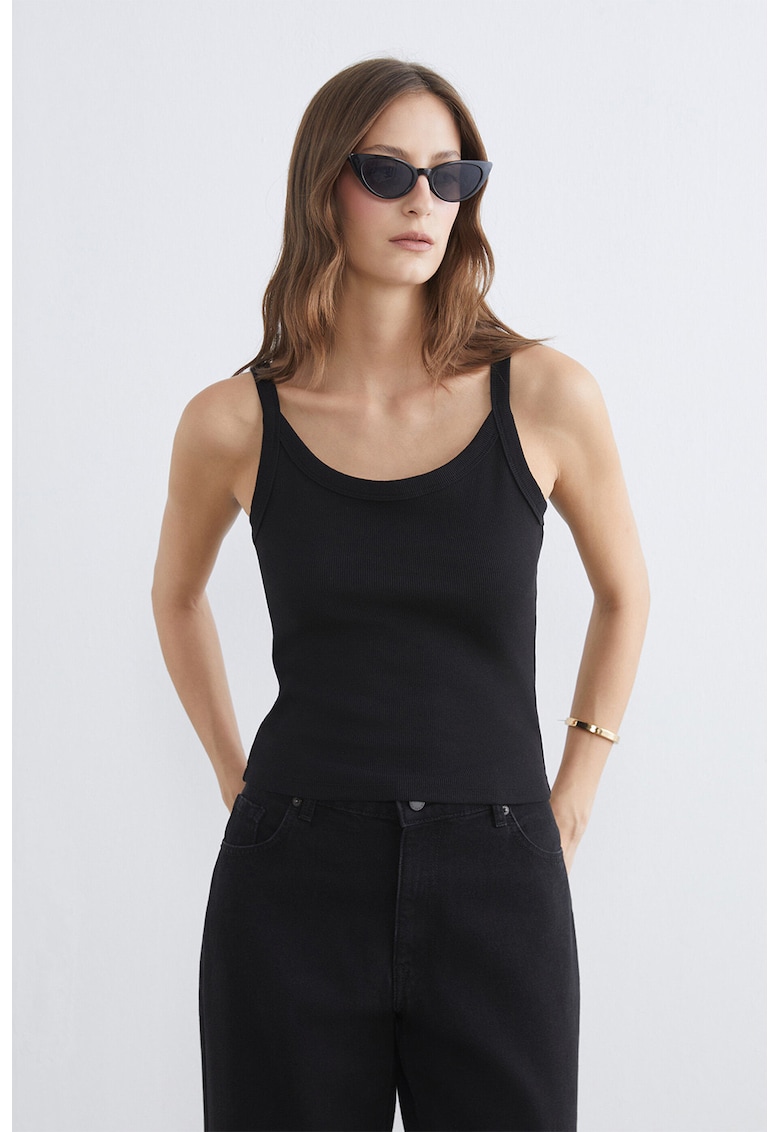 Top striat cu decolteu drapat - Negru