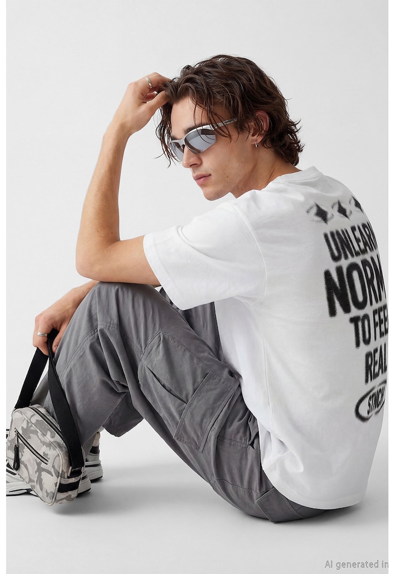 Tricou lejer cu imprimeu text - Alb/Negru stins