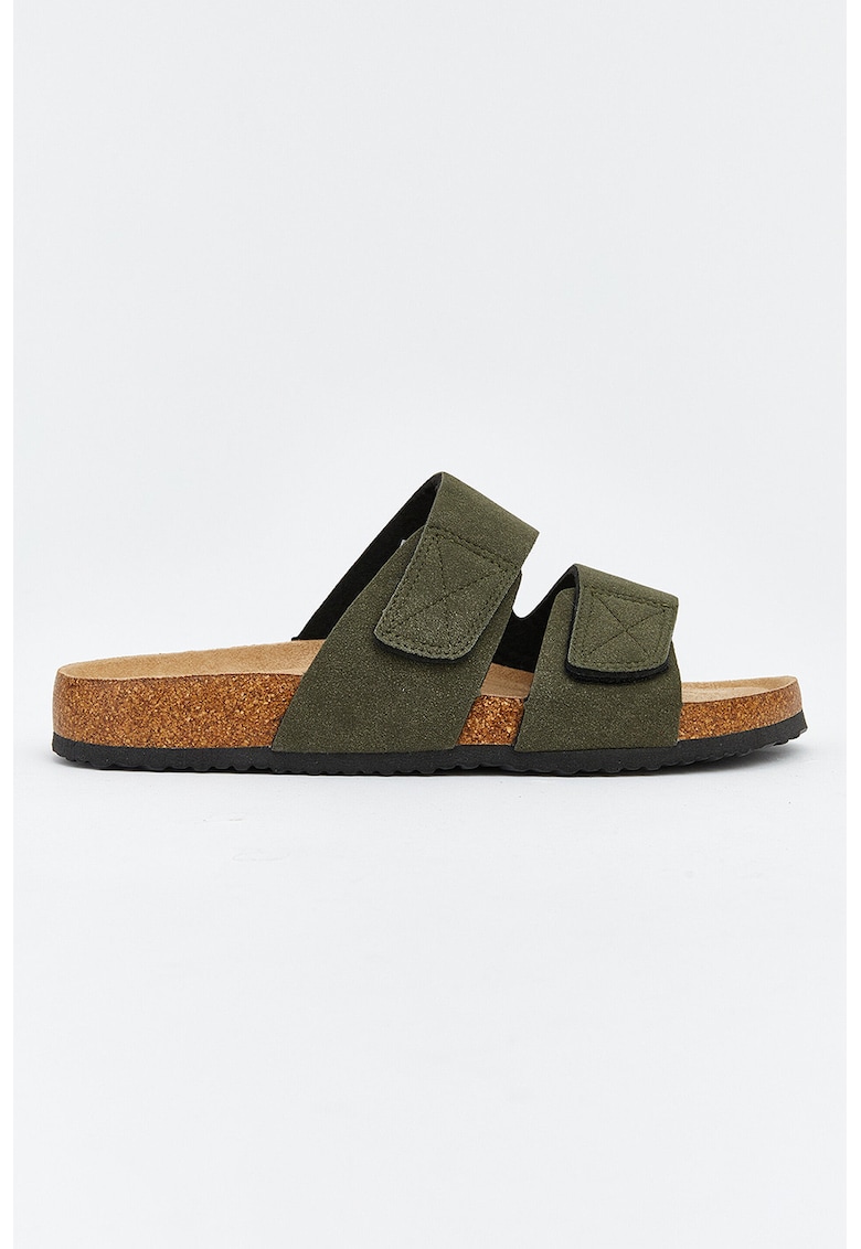 Papuci din material textil cu velcro - Kaki inchis