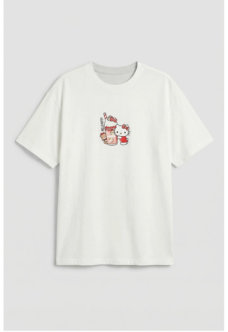 Tricou de bumbac cu imprimeu Hello Kitty - Rosu/Alb/Roz pastel