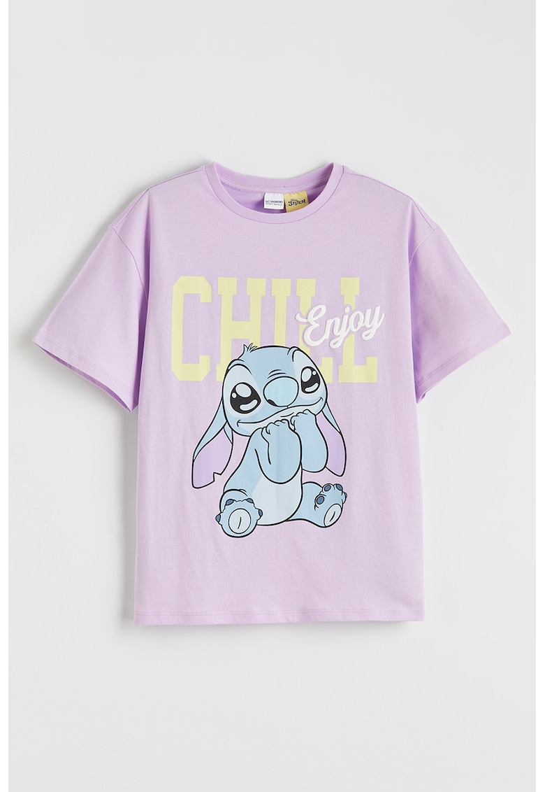Tricou de bumbac cu imprimeu Stitch - Galben pai/Lila/Albastru deschis