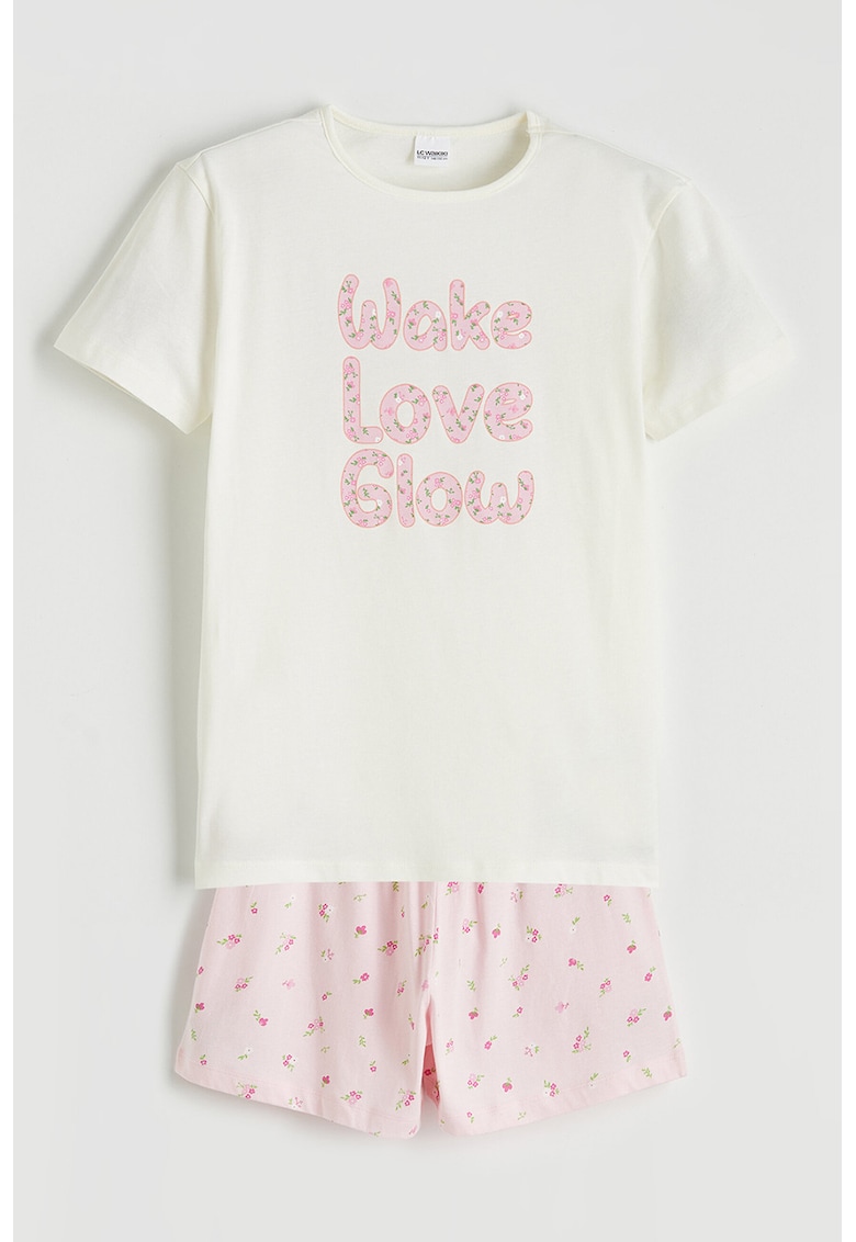 Pijama de bumbac cu cu pantaloni scurti - Alb/Roz pastel