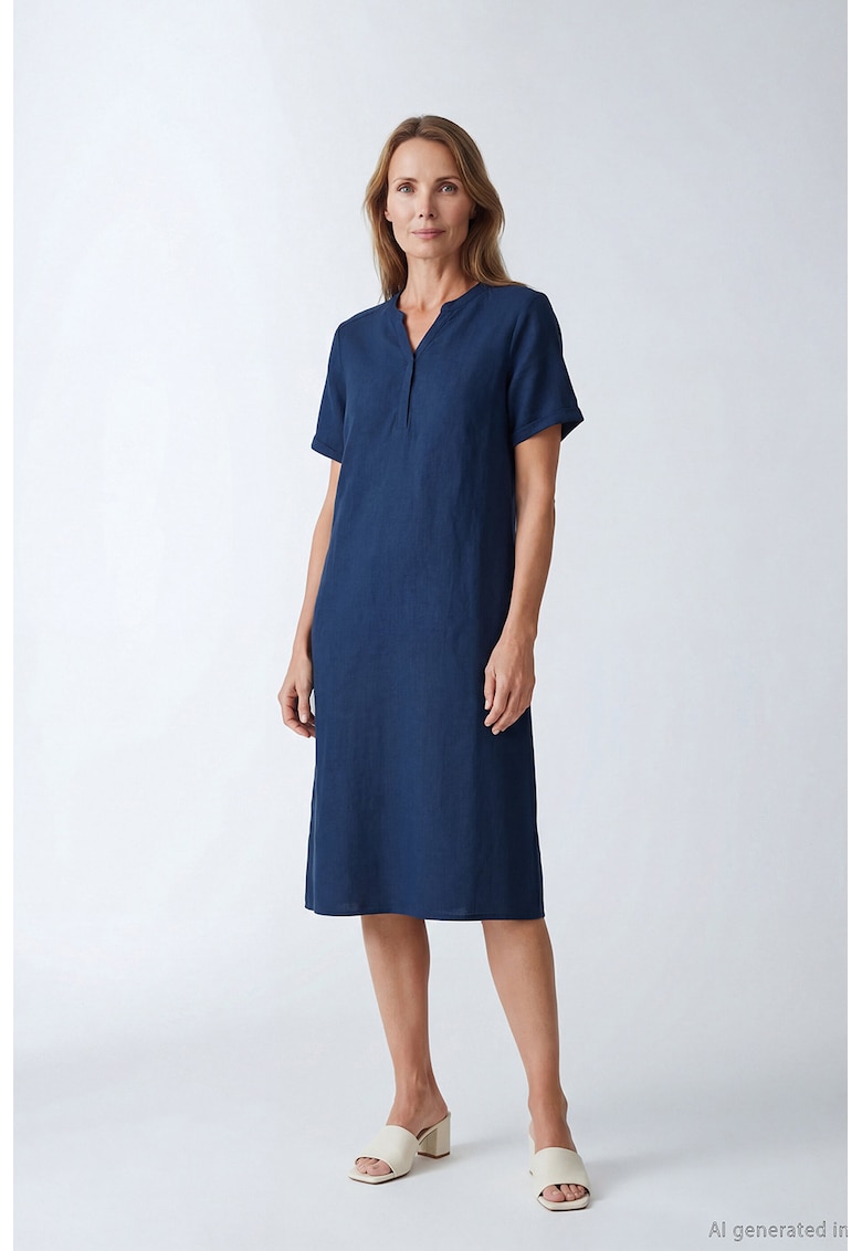 Rochie midi din amestec de in - Bleumarin