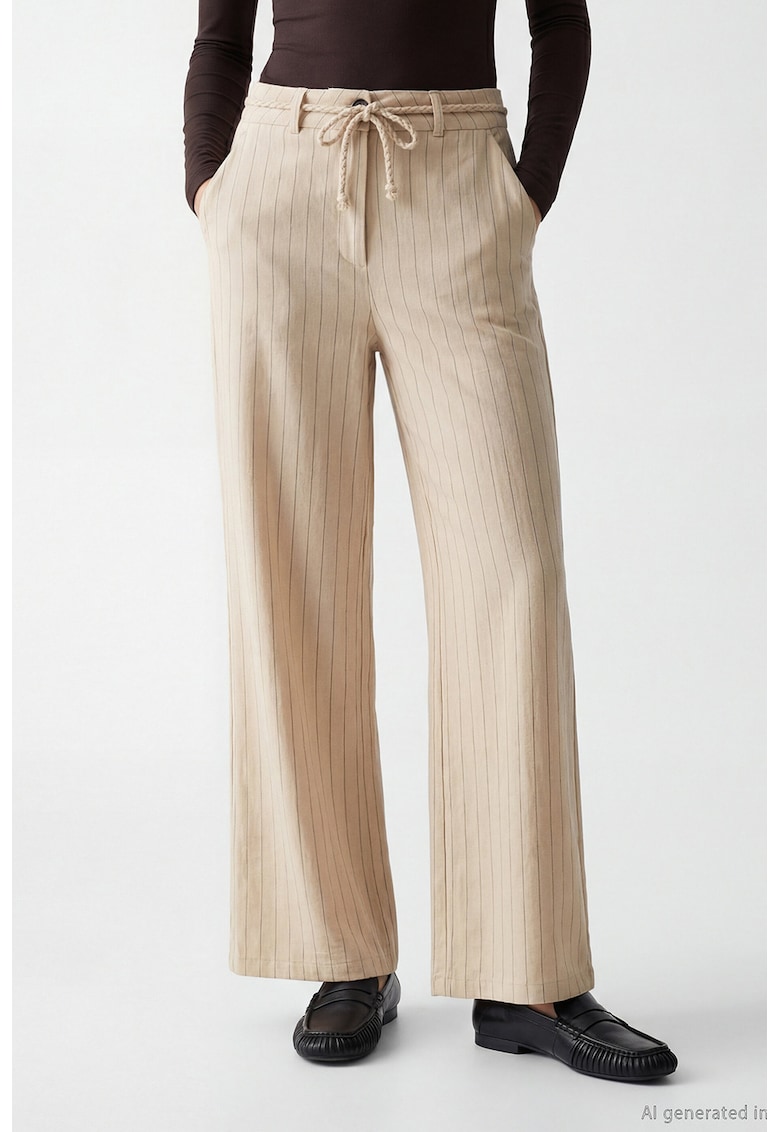 Pantaloni drepti cu dungi si cordon - Bej deschis