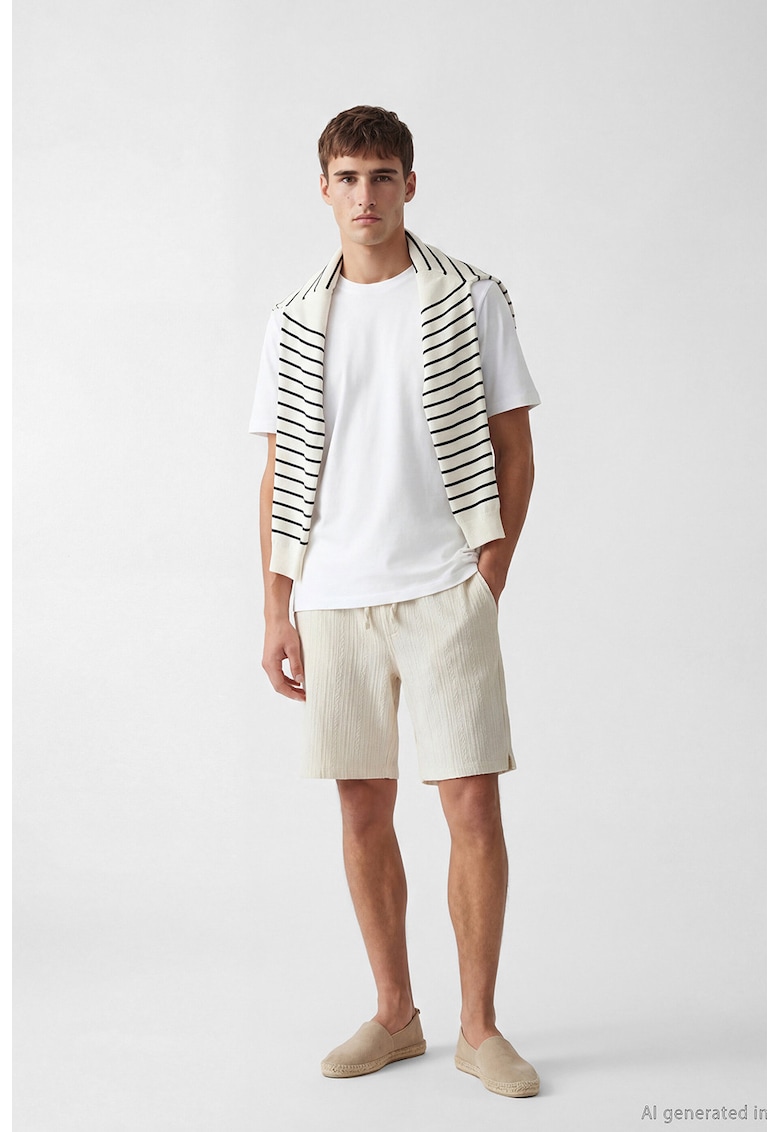 Pantaloni scurti de bumbac texturati cu snur - Crem