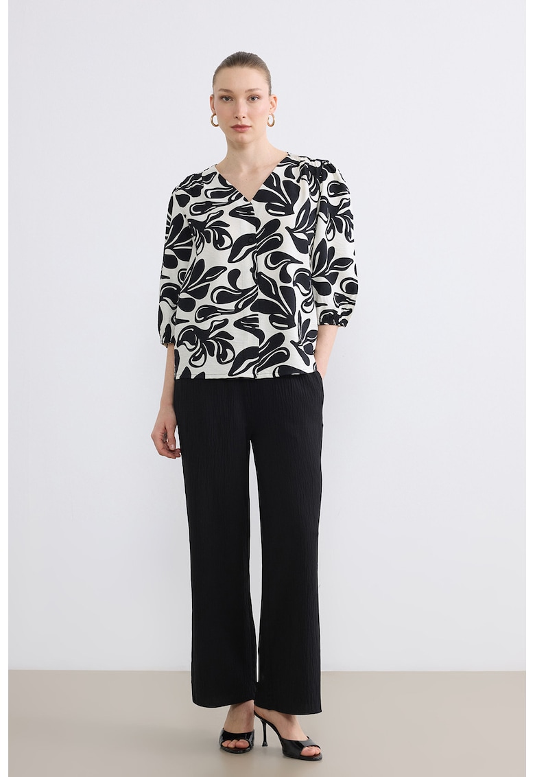 Bluza cu model si maneci bufante - Alb/Negru