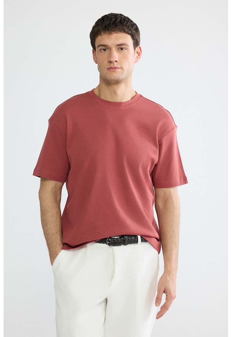 Tricou din bumbac cu decolteu la baza gatului - Coral