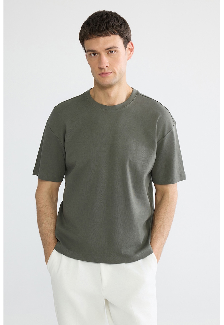 Tricou din bumbac cu decolteu la baza gatului - Kaki