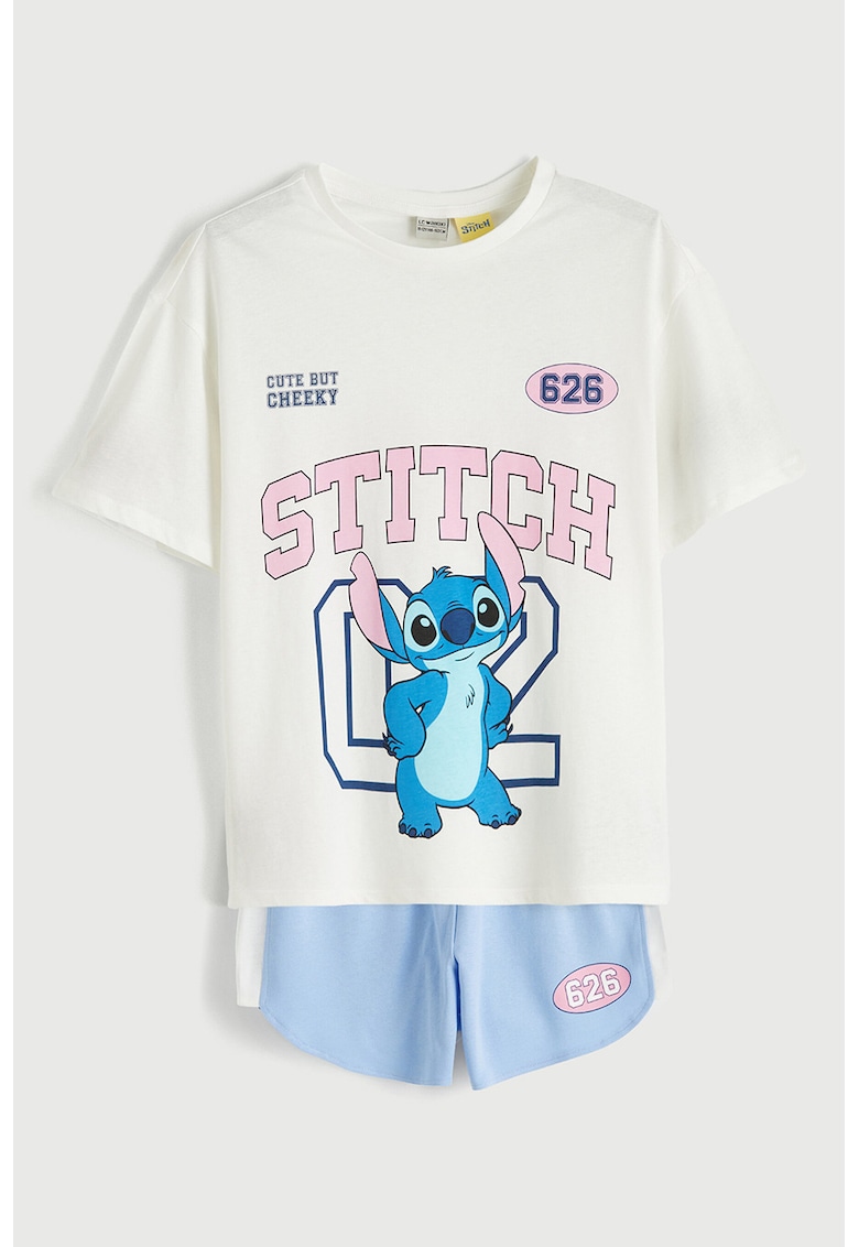 Set de tricou cu imprimeu Stitch si pantaloni scurti - 2 piese - Alb/Roz deschis/Albastru azur/Albastru royal