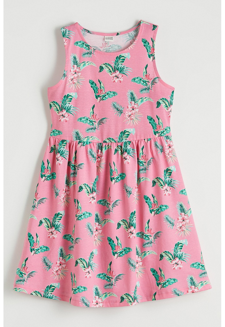 Rochie evazata fara maneci din bumbac - Roz aprins/Verde aquamarin