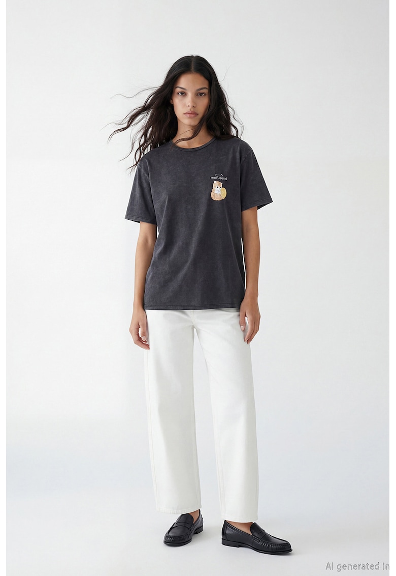 Tricou cu imprimeu cu pisici - Portocaliu pal/Gri inchis