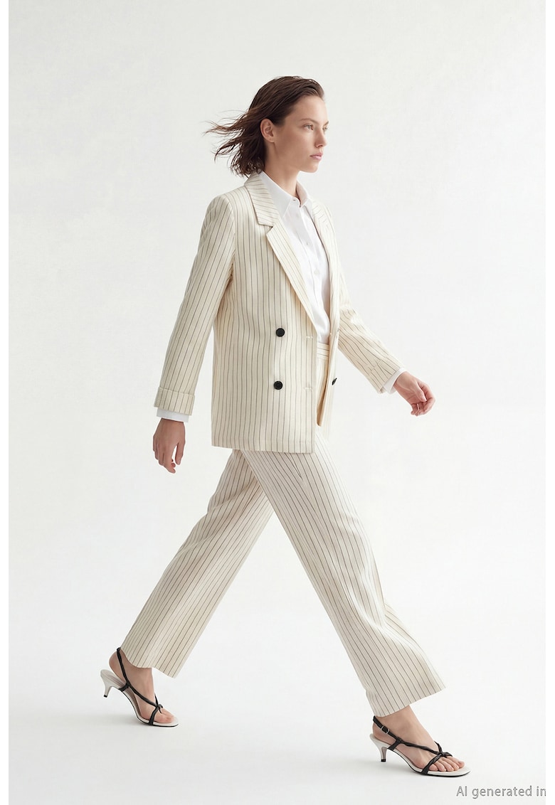 Pantaloni din amestec de in cu croiala dreapta si model in dungi - Bej deschis