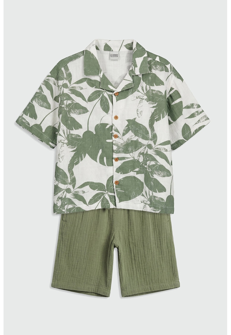 Set de camasa de bumbac si pantaloni scurti - Alb/Verde feriga