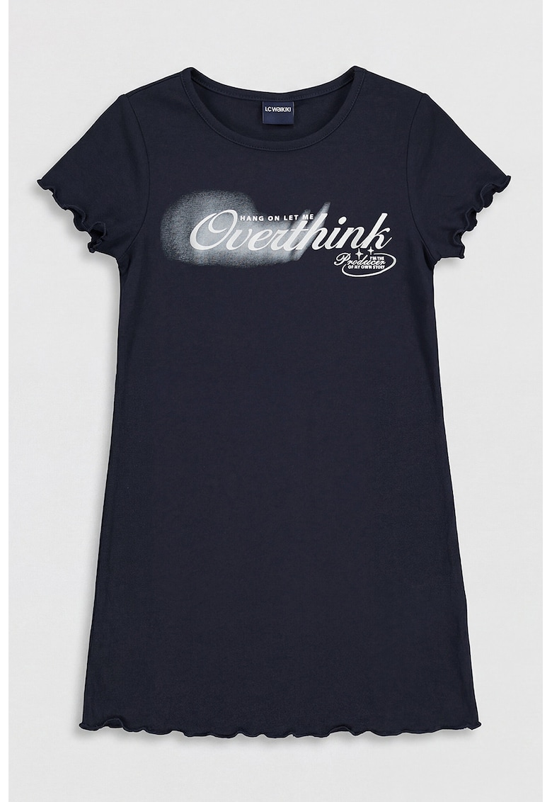 Rochie-tricou cu terminatii valurite - Alb optic/Bleumarin