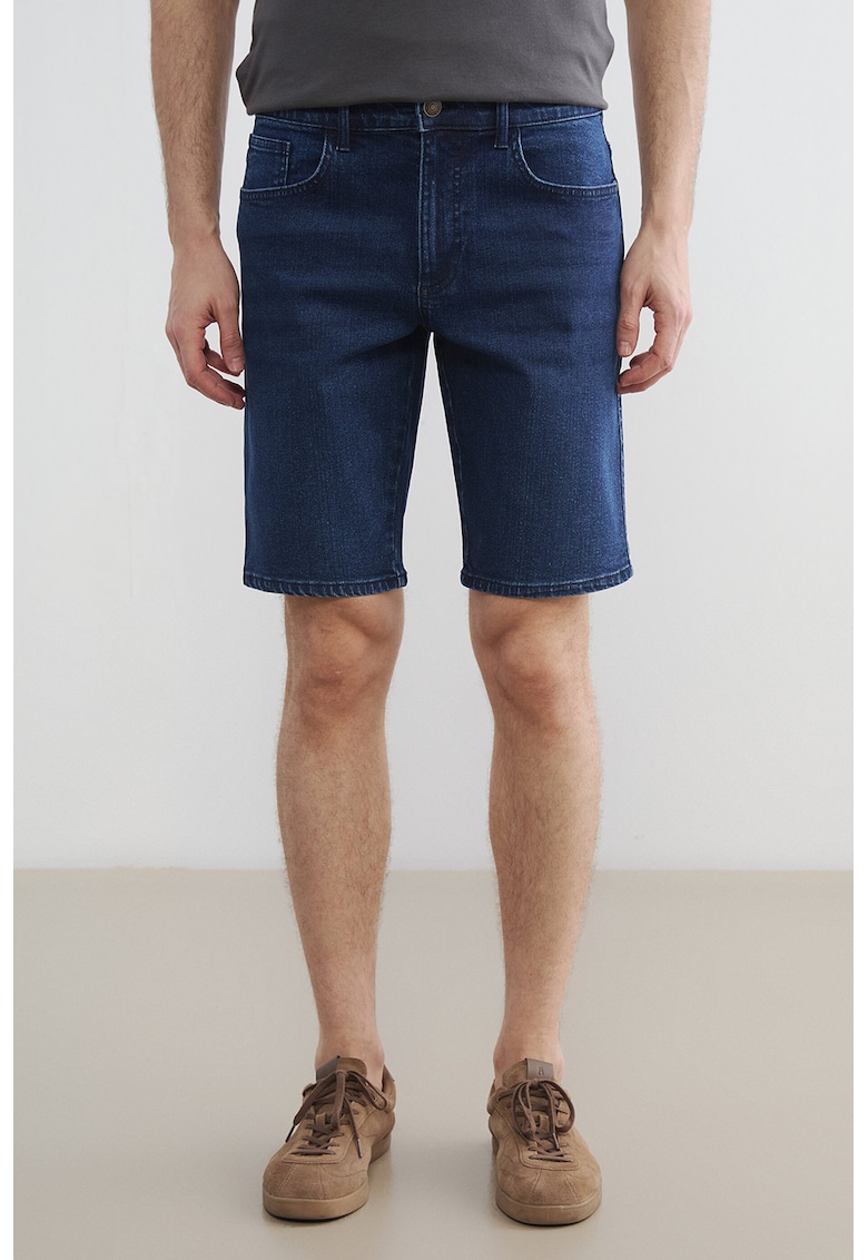 Bermude de denim cu talie medie - Bleumarin