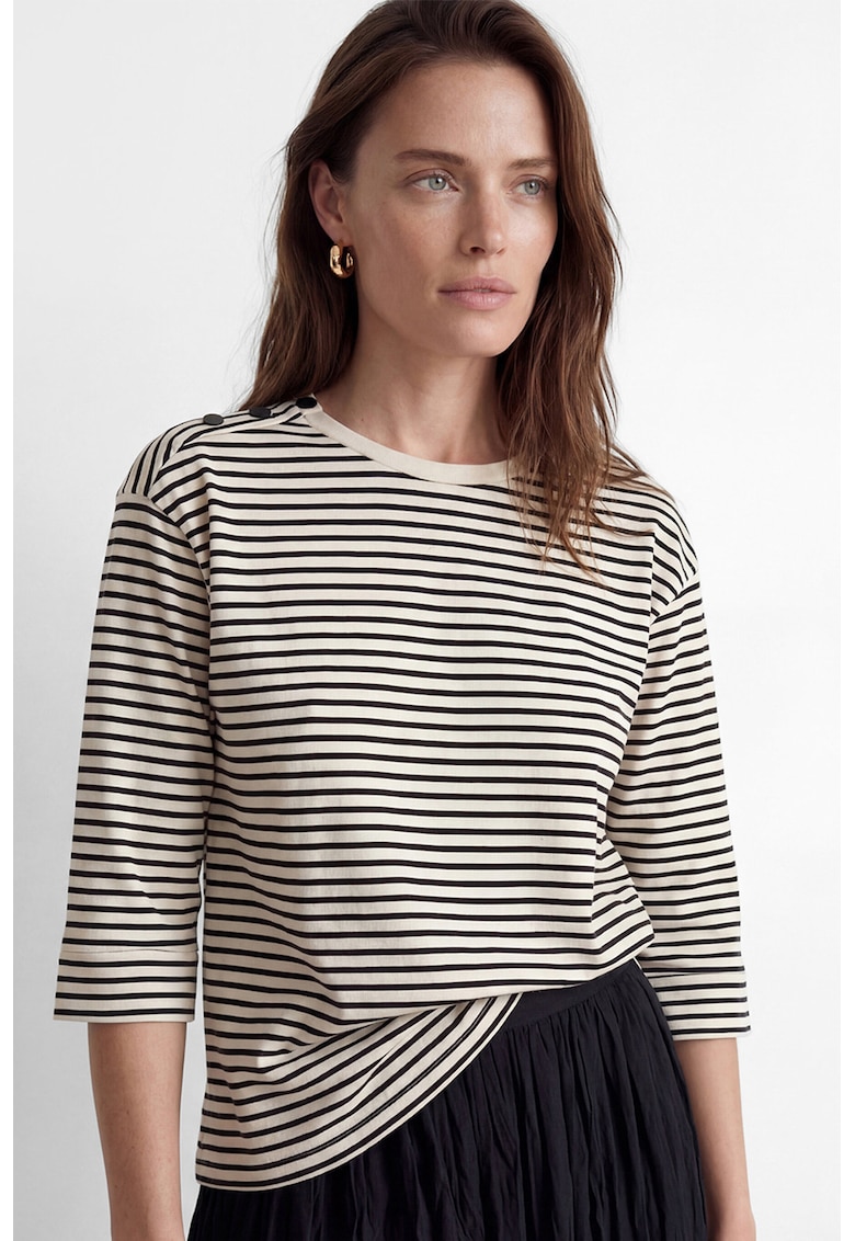 Tricou de bumbac cu decolteu la baza gatului - Negru/Bej