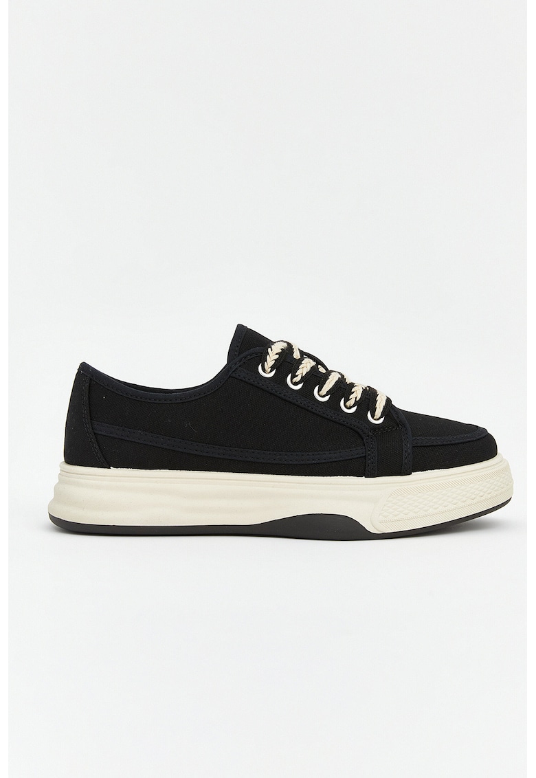 Pantofi low-cut din material textil cu talpa flatform - Negru