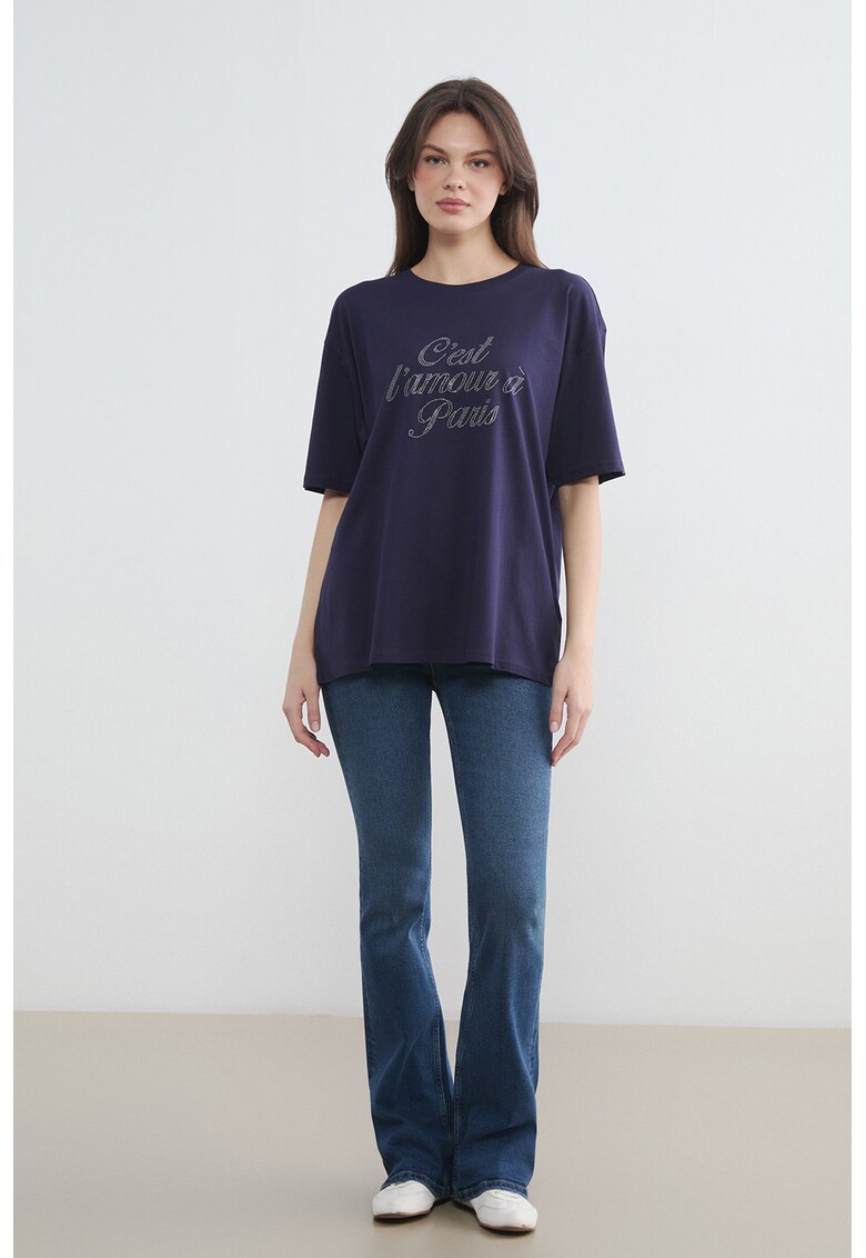 Tricou supradimensionat cu strasuri - Albastru indigo