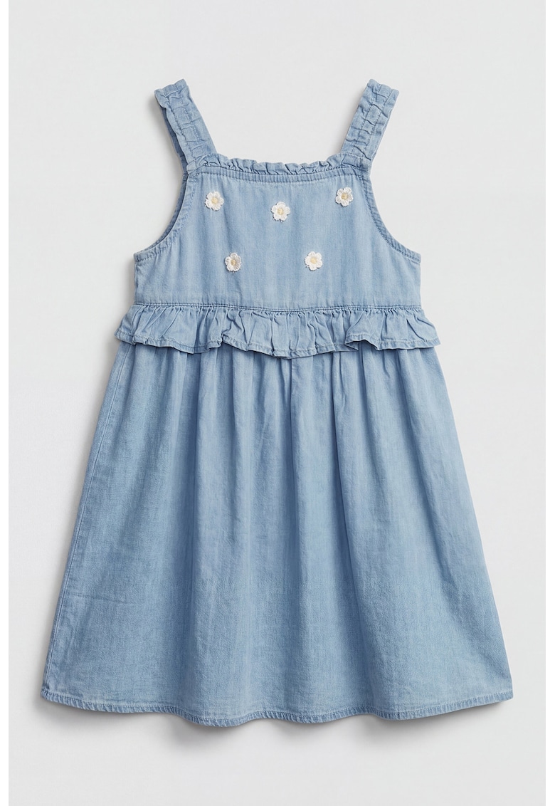 Rochie din denim cu volane si broderii florale - Albastru deschis