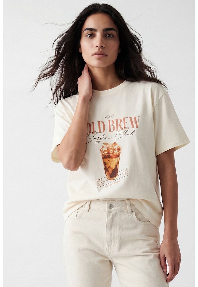 Tricou cu decolteu la baza gatului si imprimeu cu cafea - Alb