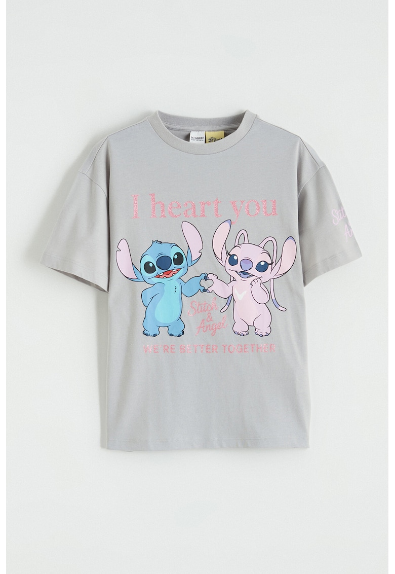 Tricou din bumbac cu imprimeu cu Stitch - Gri deschis