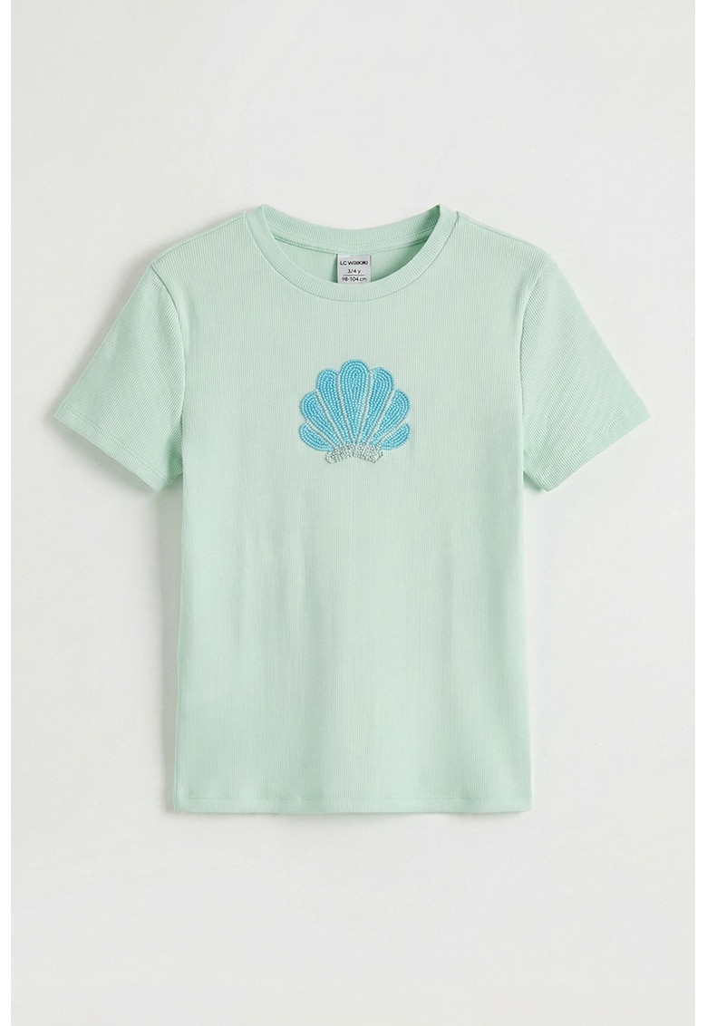 Tricou din amestec de bumbac cu aplicatii cu margele - Verde deschis