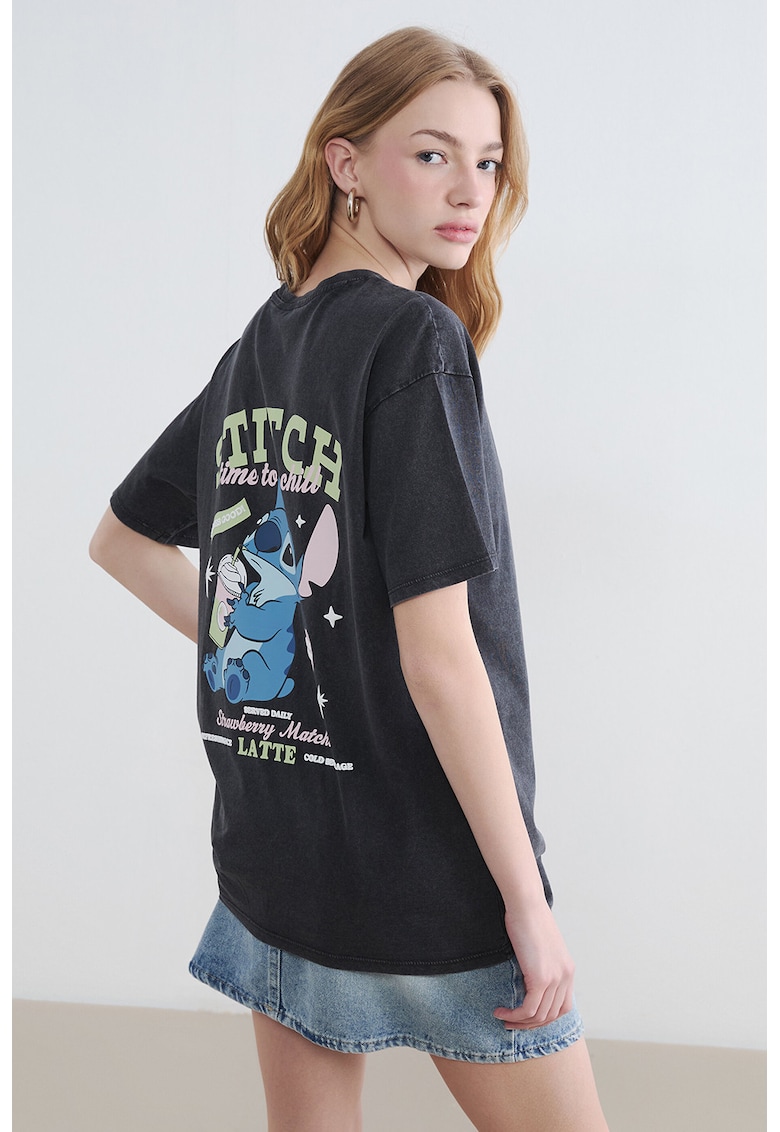 Tricou din bumbac cu imprimeu grafic si text - Gri antracit