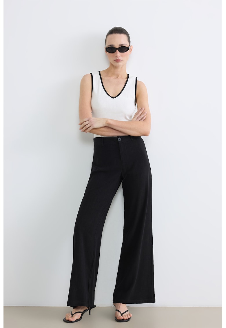Pantaloni din amestec de in cu croiala ampla si talie inalta - Negru antracit