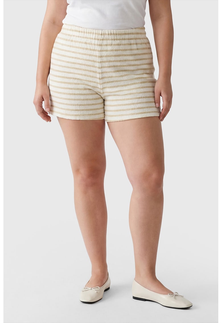 Pantaloni scurti cu model in dungi si talie elastica - Maro nisip/Crem