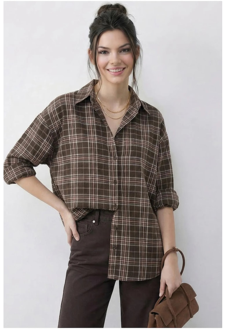Camasa dama - camasa cu nasturi - lejera - carouri - maro mocha - 100% bumbac