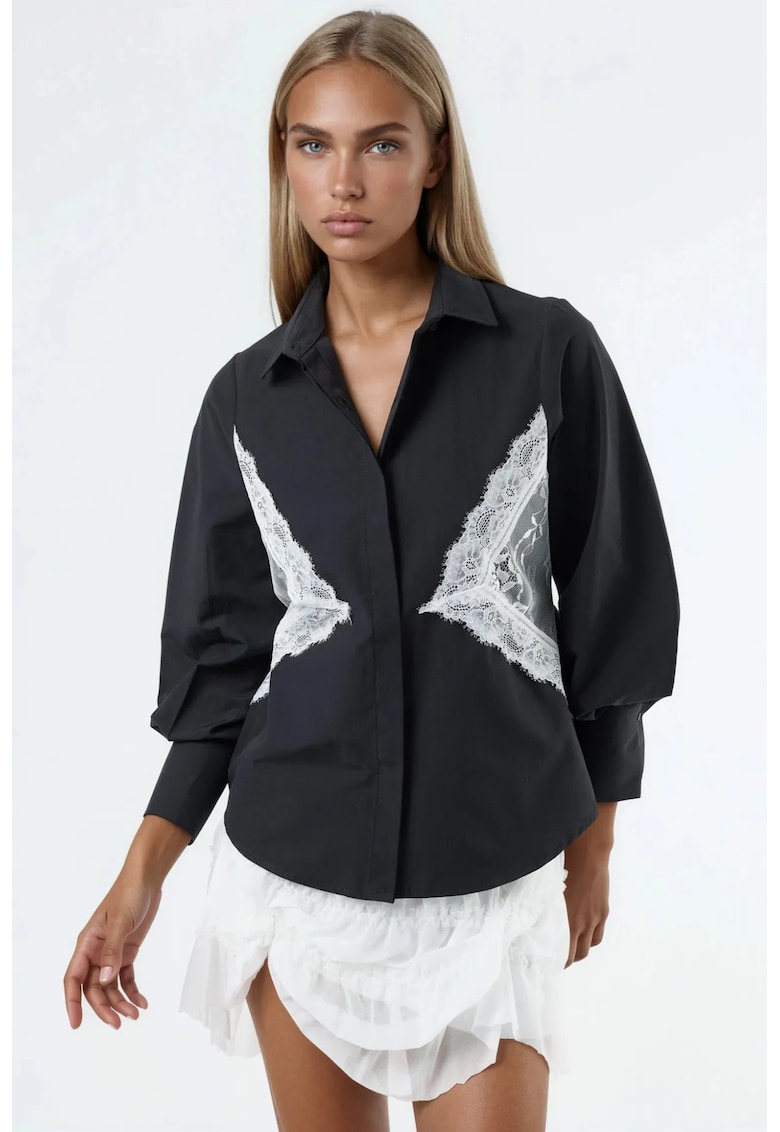 Camasi dama - camasa poplin cambrata - detalii din dantela - negru - 50% bumbac - 50% poliester
