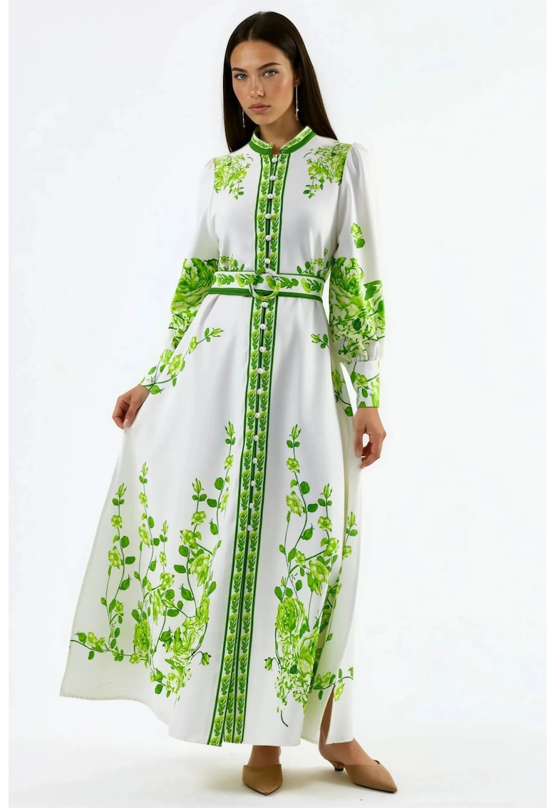 Rochie Maxi - Floral - Maneca Lunga - Verde - Poliester