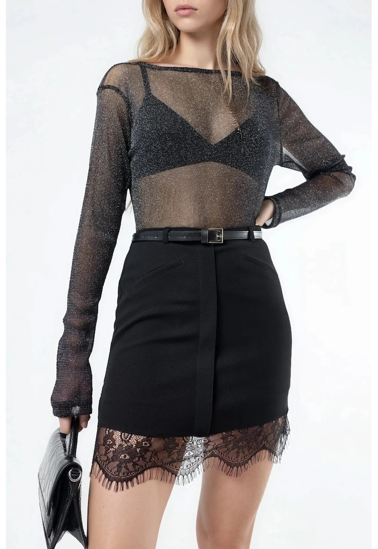 Fusta mini dantela - neagra - poliester - talie inalta