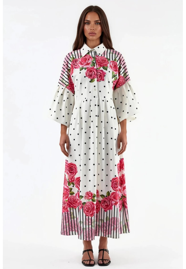 Rochie Maxi - Floral - Alb Murdar - Poliester