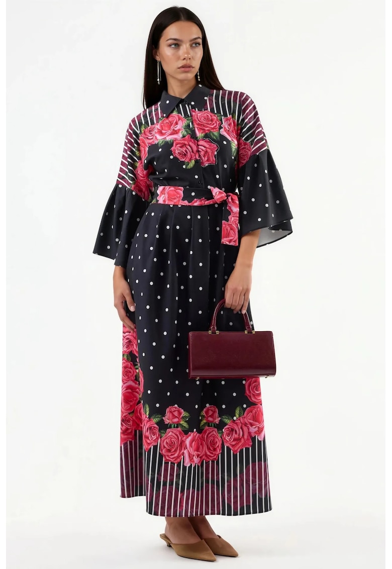 Rochie Maxi - Floral - Negru - Poliester - Maneca Lunga