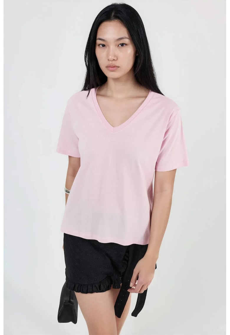 Tricou dama roz - cu decolteu in V