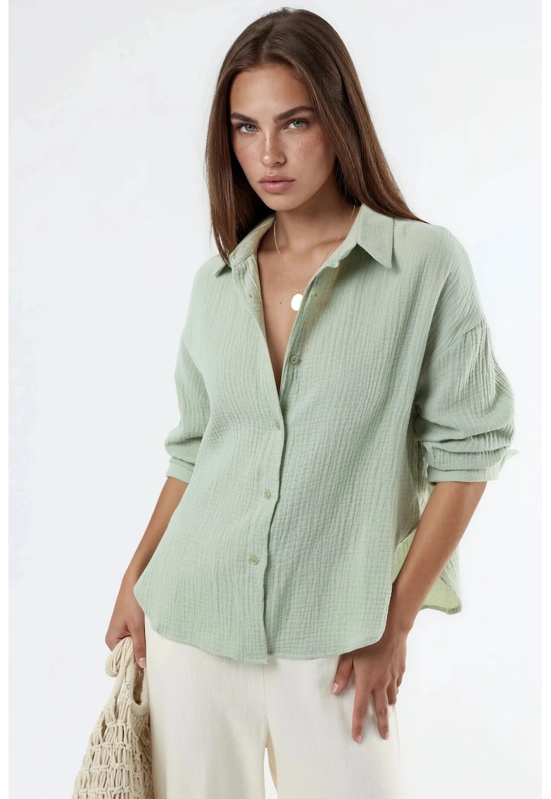 Camasi dama - camasa din bumbac texturat - verde menta - maneca lunga - cu nasturi -