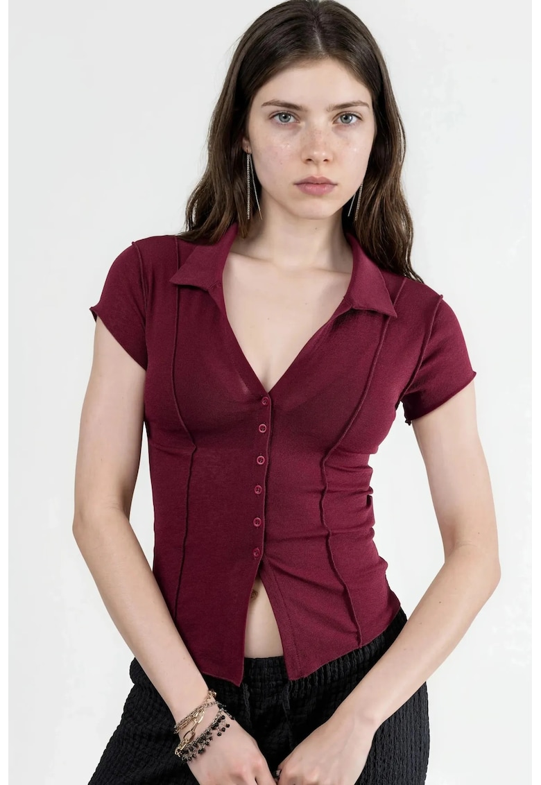 Camasa scurta - texturata - rosu burgundy - poliester