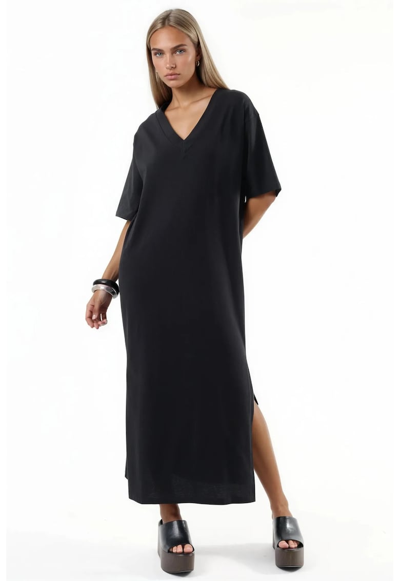 Rochie Midi decolteu in V - maneca scurta - negru - bumbac