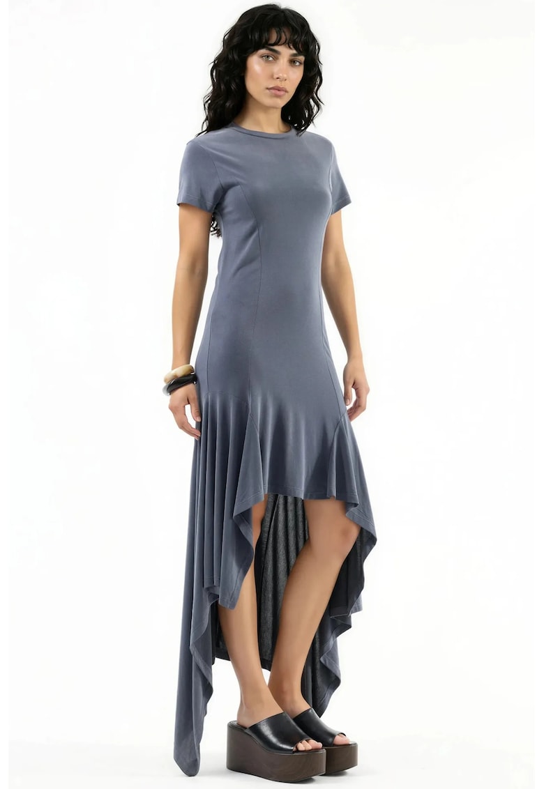 Rochie midi asimetrica gri inchis - modal/poliester - cu maneci scurte