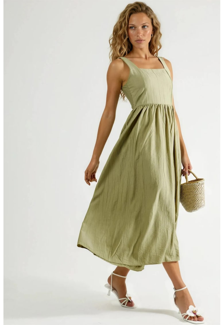 Rochie midi decolteu patrat - verde masliniu - poliester - fara maneci