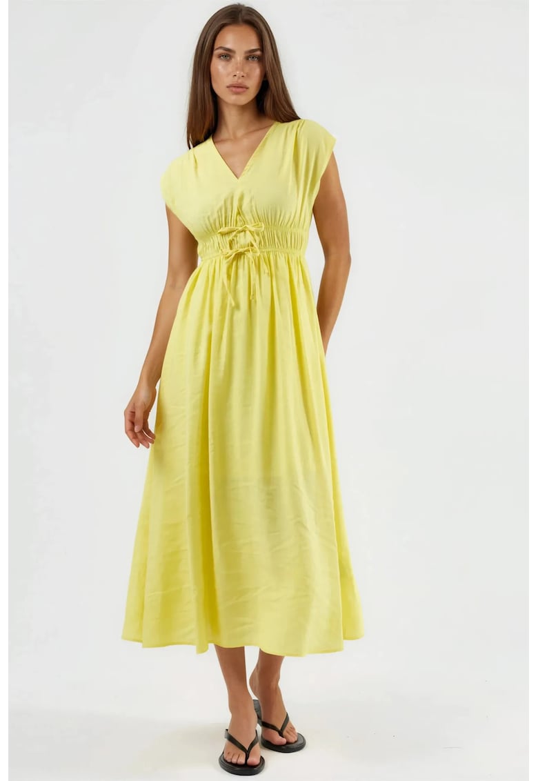 Rochie midi decolteu in V - galben - modal/poliester