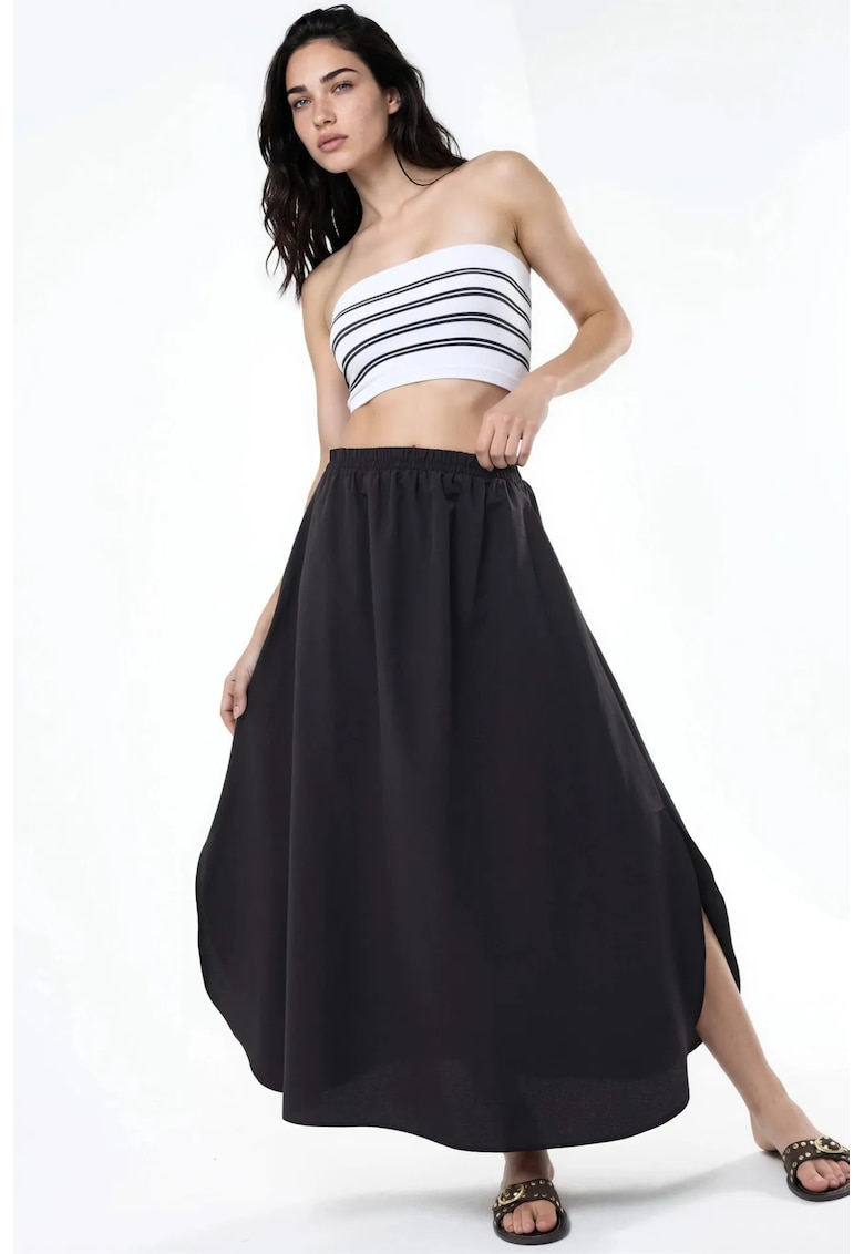 Fusta Midi - Neagra - Bumbac si Poliester - Talie Inalta