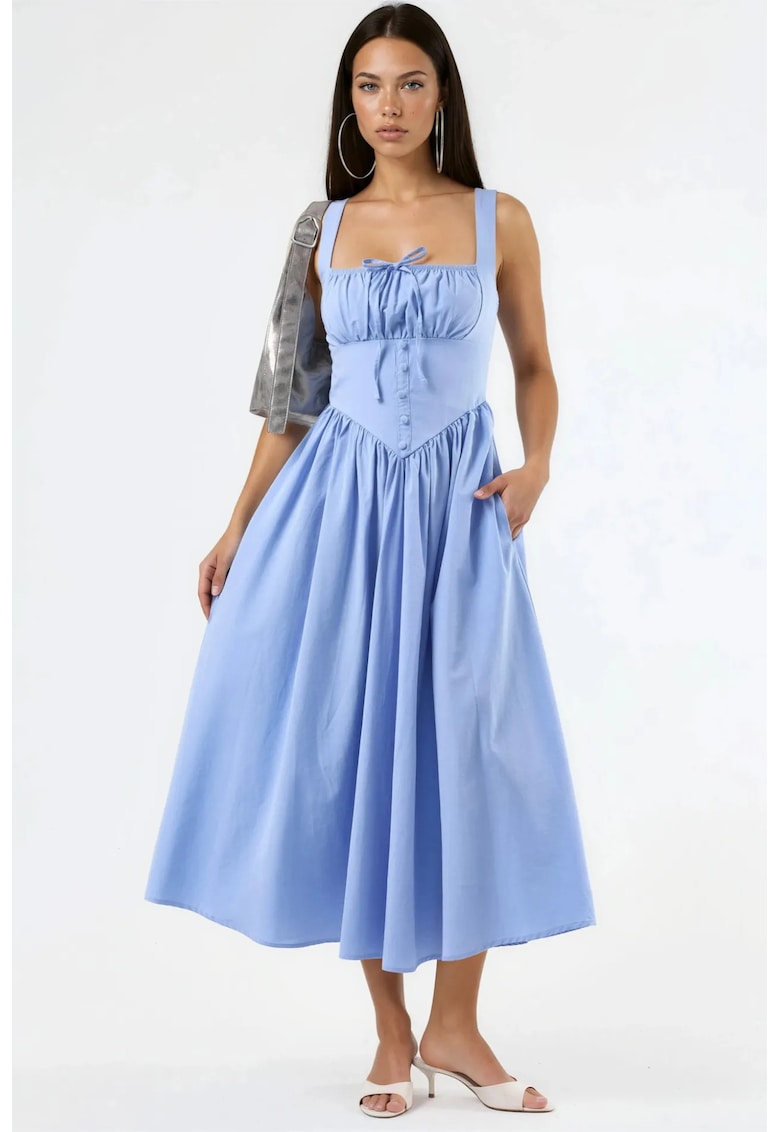 Rochie Midi guler patrat - cu nasturi - bumbac/poliester - Albastru deschis