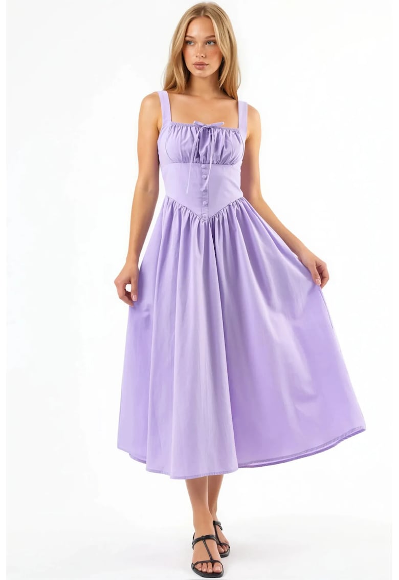 Rochie Midi guler patrat - cu nasturi - bumbac/poliester - Lila