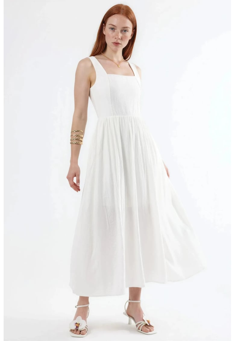 Rochie midi decolteu patrat - alb - poliester - fara maneci