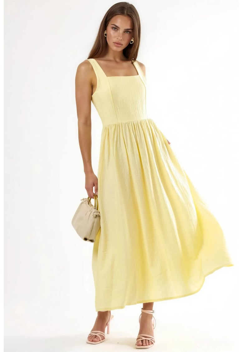 Rochie midi galben lamaie - decolteu patrat - fara maneci